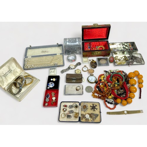 299 - A good collection of assorted costume jewellery comprising strings of pearls, pocket watches includi... 