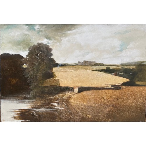 500 - Chris Wild (British 20th Century), 'Landscape with Cornfield,' with castle ruins beyond, signed, oil... 