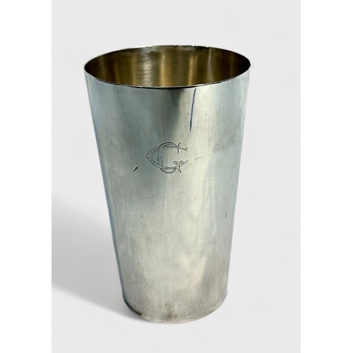 87 - A late Victorian/Edwardian Indian silver-plated beaker of tapering cylindrical form, with engraved m... 