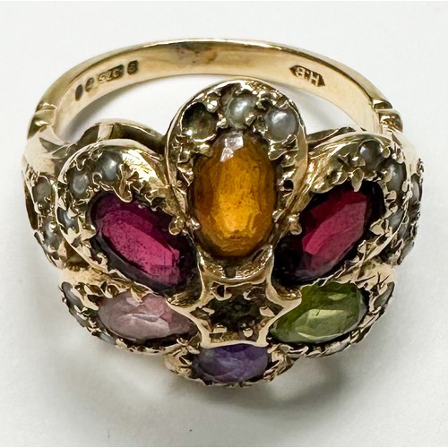 155 - A 9ct gold dress ring, set with 6 x various coloured faceted stones, with small seed pearls surround... 