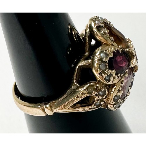 155 - A 9ct gold dress ring, set with 6 x various coloured faceted stones, with small seed pearls surround... 