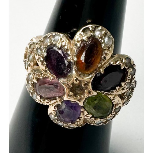 155 - A 9ct gold dress ring, set with 6 x various coloured faceted stones, with small seed pearls surround... 