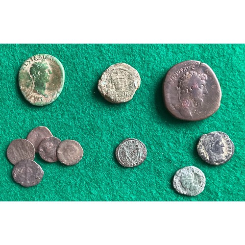 308 - A quantity of coins, circulated, including ancient Roman, old buckles (probably metal detector finds... 