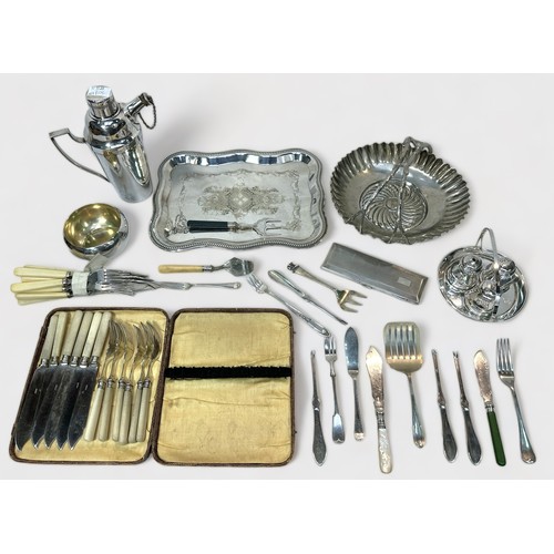 99 - A good collection of assorted silver-plated hollowware and flatware including a cocktail shaker, a M... 