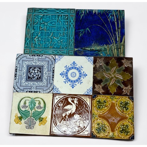 18 - Eight various 19th century pottery tiles, including 4x Minton, Craven Dunnill, etc, including Aesop'... 