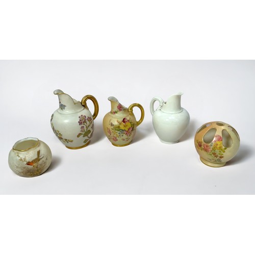 16 - Three graduated Royal Worcester porcelain jugs, shape 1094, variously decorated, together with a  Ro... 