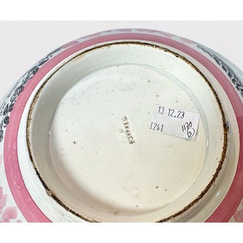 15 - A 19th century Dixon & Co Sunderland pink Lustre bowl printed with ship, Mariner's verse, various cr... 