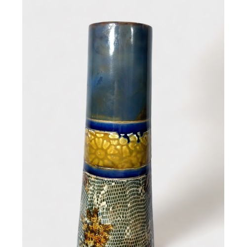 5 - A Doulton Lambeth stoneware pottery vase, of tall tapering cylindrical Persian form with a broad ban... 