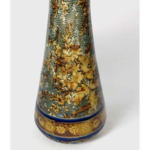 5 - A Doulton Lambeth stoneware pottery vase, of tall tapering cylindrical Persian form with a broad ban... 