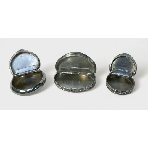 112 - Five assorted pewter snuff boxes by James Furniss Ltd, of various shapes and size, two examples with... 