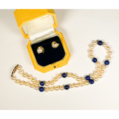168 - A cultured pearl and lapis lazuli bead necklace, on 9ct gold floral design clasp, weight 29.0 grams,... 