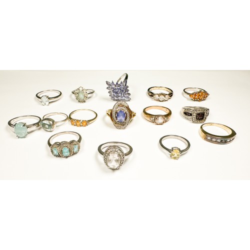 176 - Fifteen various silver gem-set dress rings, including tanzanite and topaz etc, total weight 52.0 gra... 