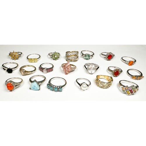 177 - Twenty various silver rings, set with coloured stones and diamonds, including topaz and white sapphi... 