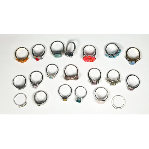 178 - Twenty various silver rings, set with coloured stones and diamonds, total weight 75 grams.