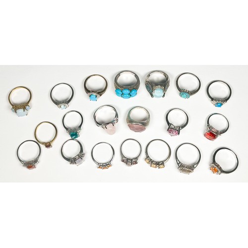 179 - Twenty various silver rings, set with diamonds and coloured stones, including turquoise and pink qua... 