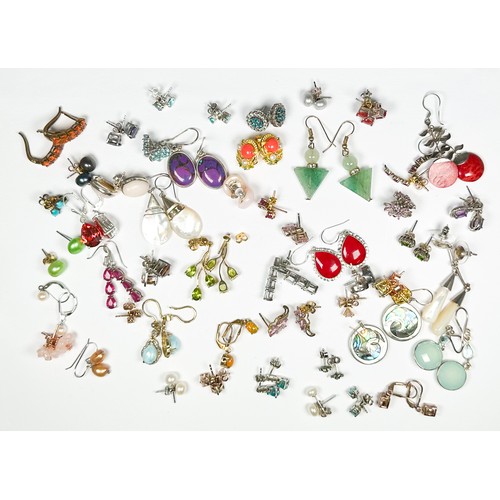 189 - Fifty pairs of silver earrings, set with diamonds and coloured gemstones, including turquoise, and p... 