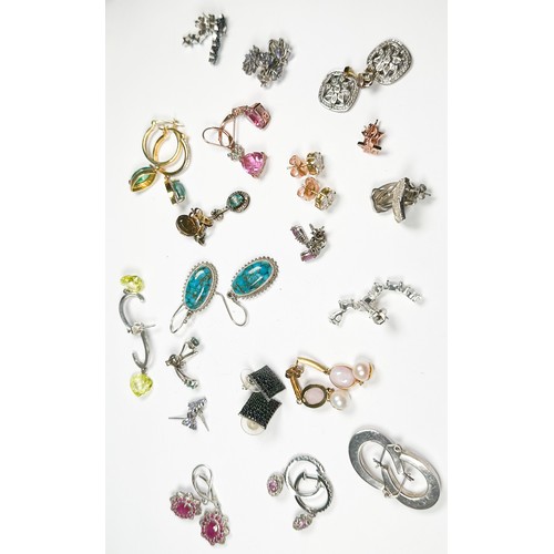 191 - Twenty pairs of silver earrings set with diamonds and various coloured gemstones, including peridot ... 