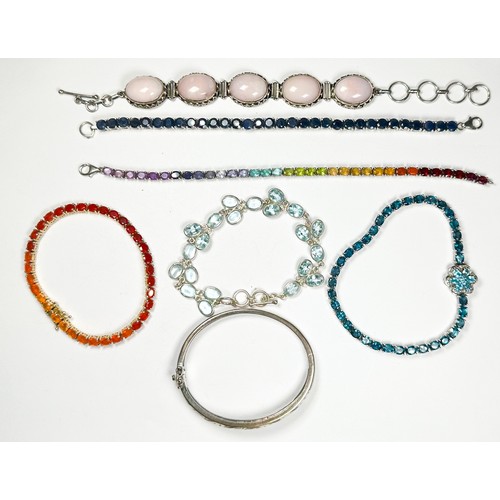 198 - Six assorted silver bracelets, set with various coloured stones, including amethyst, and sapphire et... 