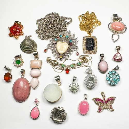 193 - Twenty various silver pendants, set with various coloured gemstones, including turquoise, and ruby e... 