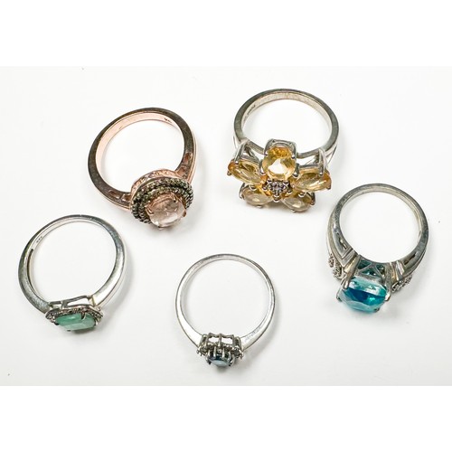 213 - Five assorted silver dress rings, set with diamonds and various coloured stones, total weight 20.3 g... 