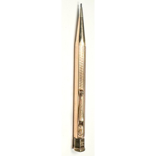 223 - A 9ct Gold 'Yard-O-Led' Propelling Pencil by Johnson Mathey & Co, of hexagonal form with engine turn... 