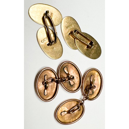 231 - Two pairs of gents 9ct gold cufflinks, each with two linked oval discs, one with engine-turned 'hobn... 