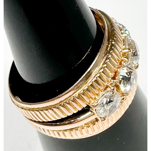 239 - An 18ct yellow gold wide-band ring, claw set with 4 x Victorian cut diamonds to the centre, estimate... 