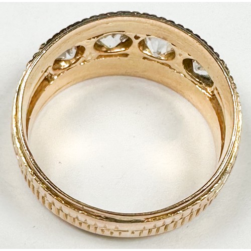 239 - An 18ct yellow gold wide-band ring, claw set with 4 x Victorian cut diamonds to the centre, estimate... 