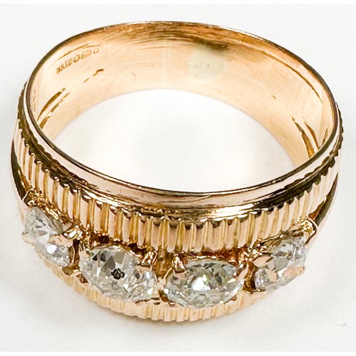 239 - An 18ct yellow gold wide-band ring, claw set with 4 x Victorian cut diamonds to the centre, estimate... 