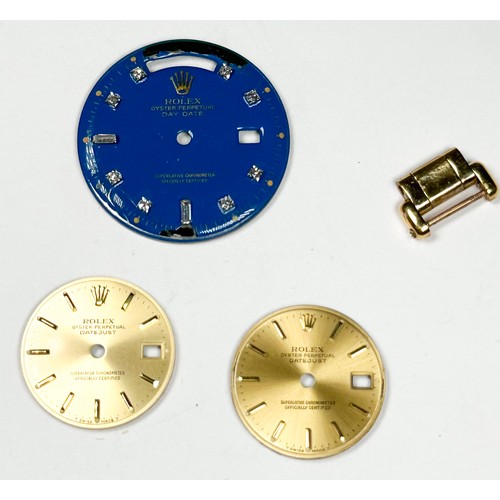 141 - Three various Rolex watch faces, and an 18ct gold watch link.
