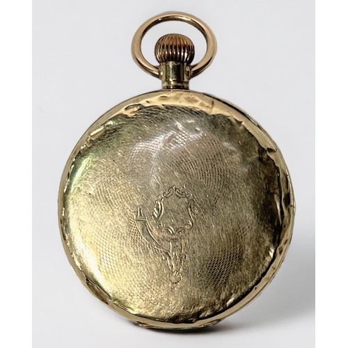 142 - A vintage 9ct gold cased open-face pocket watch, the gilt dial with scrolled decoration, Roman numer... 