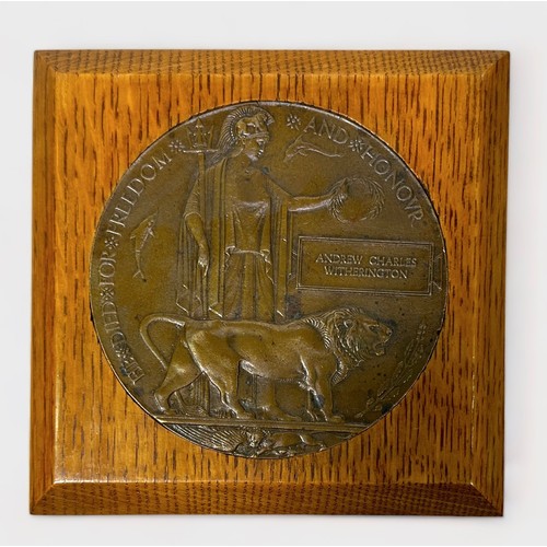 660 - A WW1 Bronze Commemorative Plaque, or 'Death Penny,' named to Andrew Charles Witherington, inset to ... 