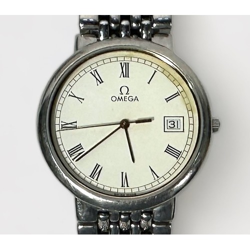 139 - A stainless steel Omega De Ville quartz wristwatch, C.1990’s, the white enamel dial with Roman numer... 