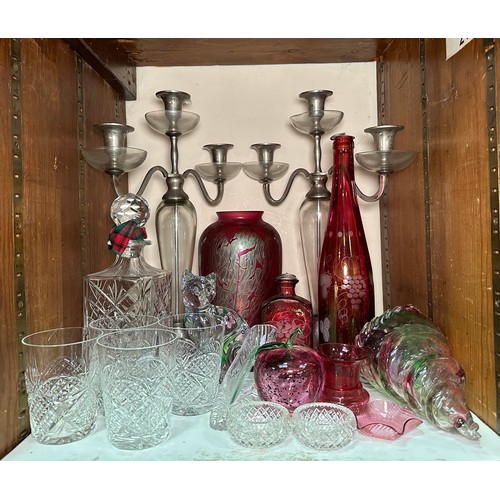 62 - A pair of glass and pewter candelabra, together with various cut glass, decanter, four tumblers, rub... 