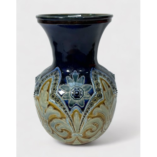 65 - A 19th century Doulton Lambeth pottery vase, of bulbous form, with cylindrical neck and flared rim, ... 