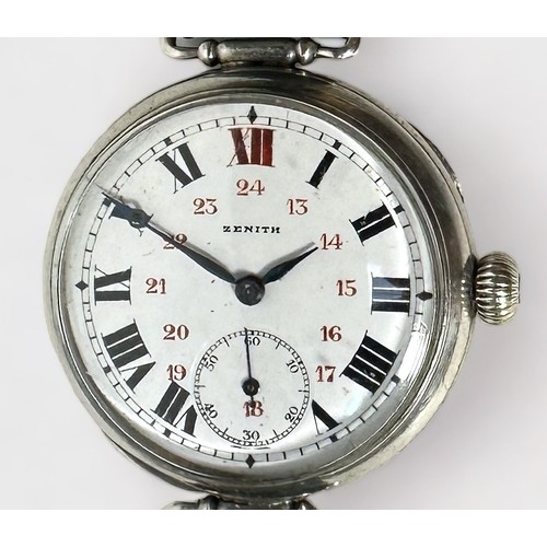 144 - An early 20th century silver cased Zenith trench watch, the white enamel dial with Roman numerals de... 