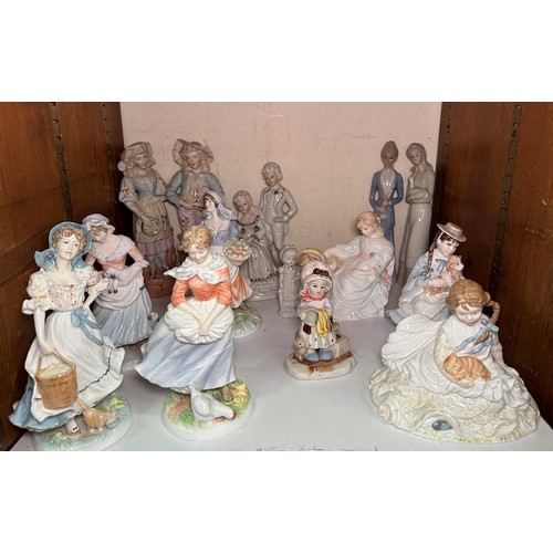 57 - Five Royal Worcester porcelain figures and two Coalport figures together with eight other figures, (... 