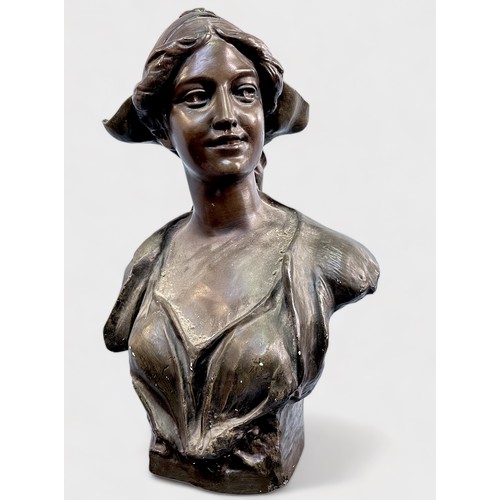 35 - An early 20th Century 'Bronzed' plaster-ceramic cast bust of a Brettagne Milkmaid, signed 'J Cambeau... 