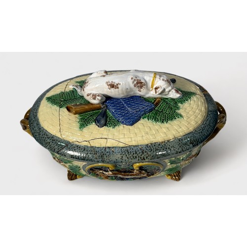 66 - A 19th century Minton Majolica game pie tureen, cover and liner, of oval form with rustic handles, t... 