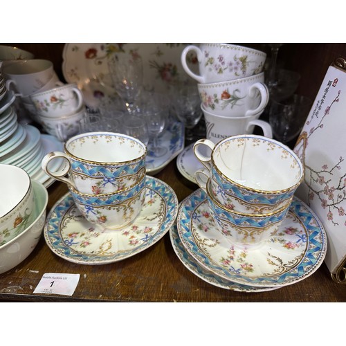 1 - Four 19th century fluted cups and saucers with polychrome floral painted decoration, together with v... 