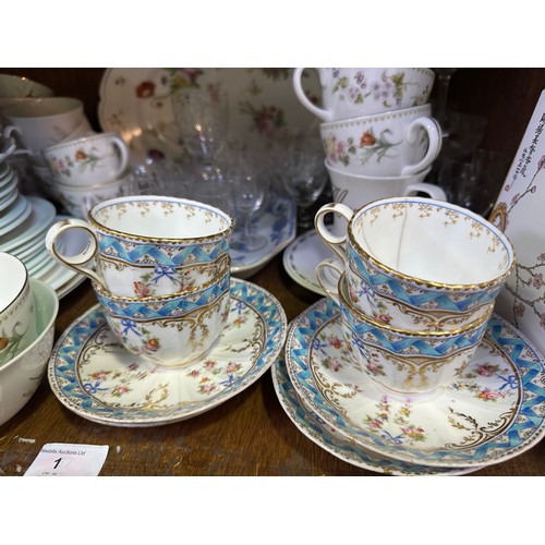 1 - Four 19th century fluted cups and saucers with polychrome floral painted decoration, together with v... 