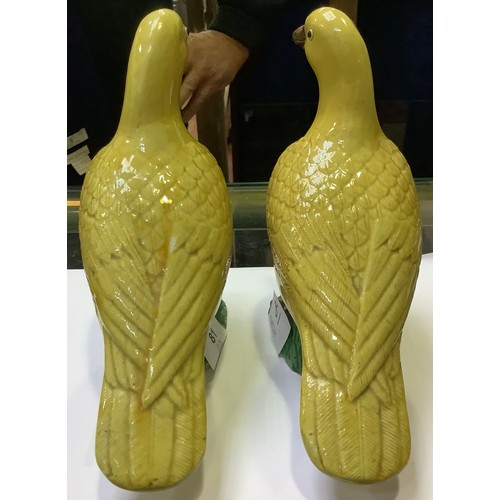 81 - A pair of Chinese Porcelain birds, decorated in Wucai colours with yellow, green and brown glazes, 1... 