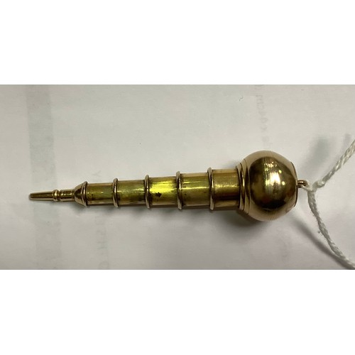 220 - A Victorian gold propelling pencil pendant, of novelty 'plumb bob' form, retailed by Hamilton & Co.,... 