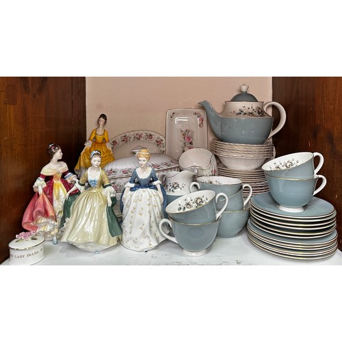 18 - A Royal Doulton ‘Rose Elegans’ pattern part tea set, together with, four Royal Doulton crinoline lad... 