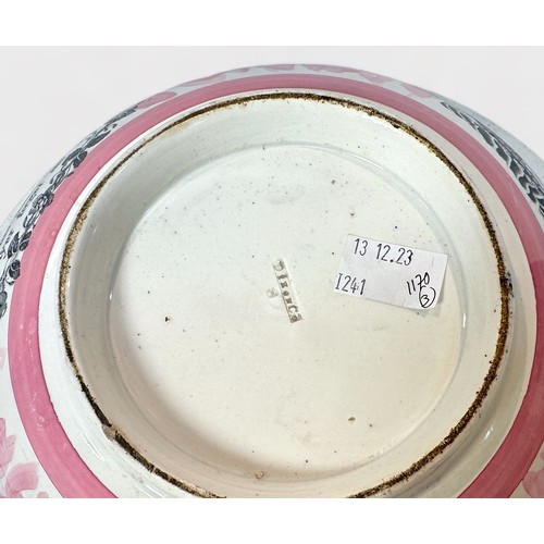 4 - A 19th century Dixon & Co Sunderland pink Lustre bowl printed with ship, Mariner's verse, various cr... 