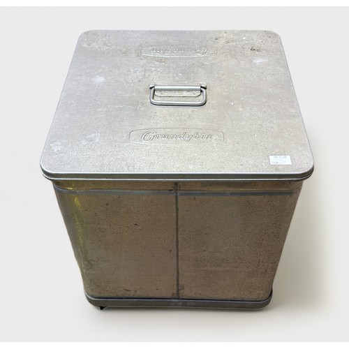 11 - A vintage aluminium food/drinks storage Grundybin, of cube form with handle to the cover, on castors... 