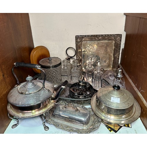 110 - A quantity of silver-plated wares including galleried tray, spirit kettle, condiments etc.  (IN SECT... 
