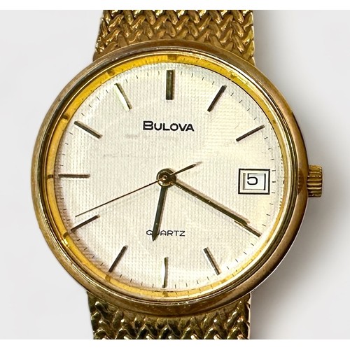 152 - A gents gold-plated Bulova quartz wristwatch, the textured white dial with applied gilt batons denot... 