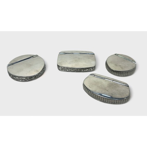 444 - A collection of four James Furniss Ltd pewter snuff boxes, of various shapes and sizes, each with pl... 