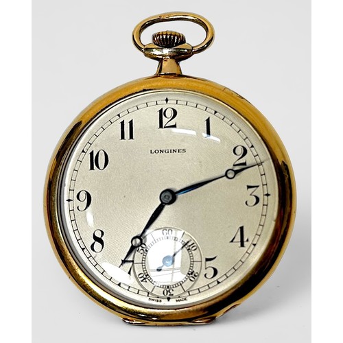 159 - A 9ct gold cased open-face pocket watch by Longines, the silvered dial with Arabic numerals denoting... 